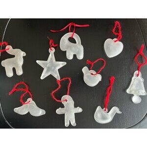 Vintage Kosta Boda Frosted Glass Ornaments. Lot Of 9. Star Heart Bell Duck Etc